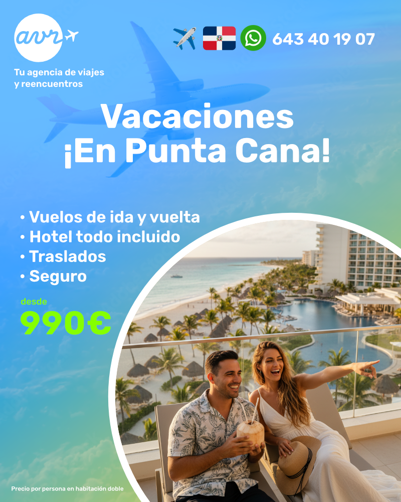 🌴 Vacaciones en Punta Cana desde 990 € con todo incluido ☀️ Tu escapada perfecta al Caribe al mejor precio. ✈️ Vuelos de ida y vuelta. 🏨 Hotel todo incluido. 🚐 Traslados. 🛡️ Seguro de viaje. 👉 Precio por persona en habitación doble. 📲 Más info y reservas en el 643401907. AVR Viajes - Tu agencia de viajes y reencuentros
