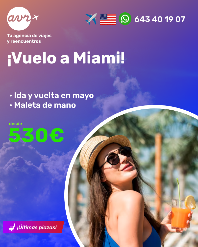 Descubre Miami 💃 con AVR Viajes: ida y vuelta desde Madrid en mayo, con maleta de mano incluida, desde solo 530 €. ¡Últimas plazas para vivir el sol de Florida ☀️ Reserva por WhatsApp 643 40 19 07!